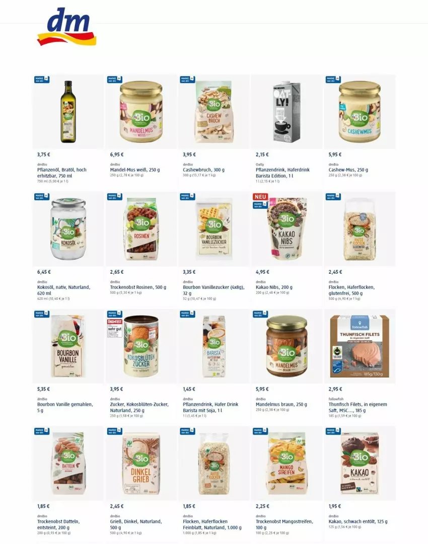 Aktueller Prospekt Dm Drogerie - Prospekte - von 13.01 bis 19.01.2022 - strona 7 - produkty: bio, Blüte, bourbon, bourbon vanille, braun, Cashew, Datteln, drink, fanta, filet, filets, fisch, followfish, hafer, Haferdrink, haferflocken, kakao, kokos, kokosöl, mandel, Mandelmus, mango, mangos, natur, naturland, obst, pflanze, pflanzen, Pflanzenöl, reifen, saft, soja, thunfisch, thunfisch filets, Ti, vanille, zucker