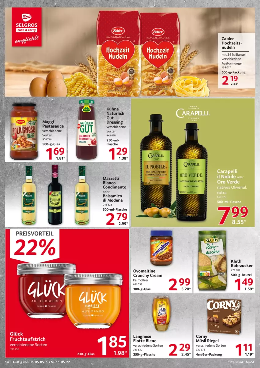 Aktueller Prospekt Selgros - Food - von 05.05 bis 11.05.2022 - strona 14 - produkty: apfel, balsam, balsamico, beutel, Brei, condimento, corny, dressing, flasche, Kühne, langnese, Mode, müsli, nudel, nudeln, ovomaltine, pasta, Rana, riegel, rohrzucker, sauce, Ti, Zabler, zucker