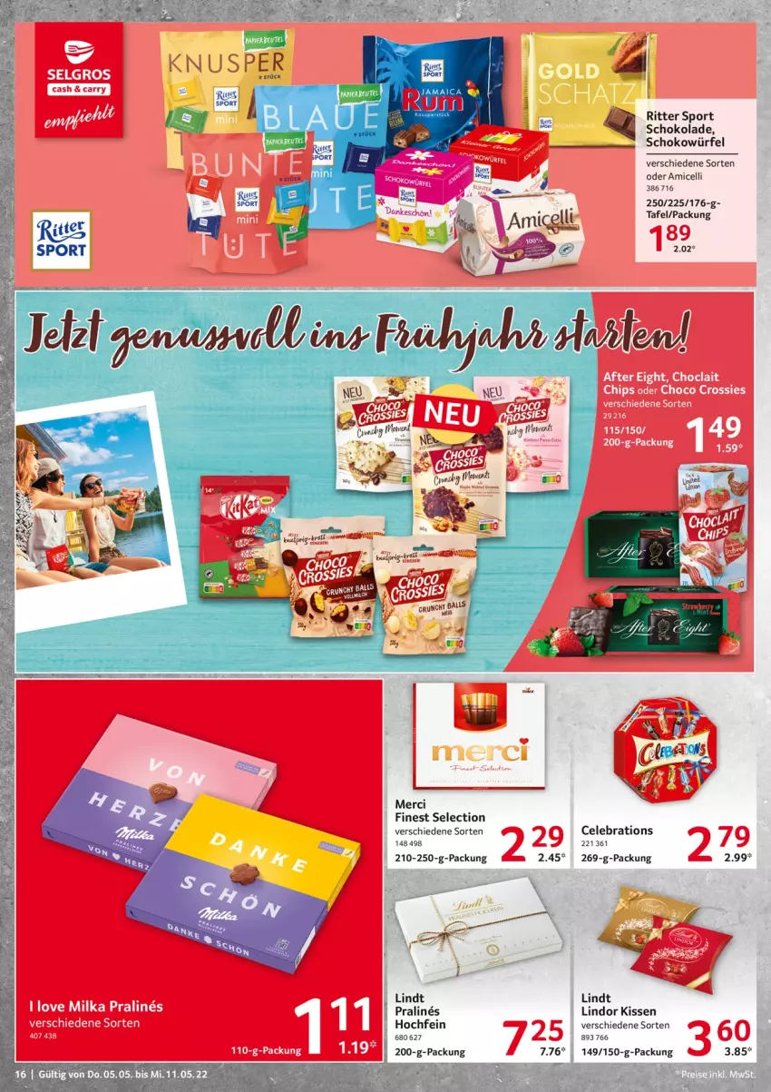 Aktueller Prospekt Selgros - Food - von 05.05 bis 11.05.2022 - strona 16 - produkty: amicelli, kissen, LG, lindor, lindt, merci, ritter, ritter sport, schoko, schokolade, schokowürfel, Sport, Ti, würfel