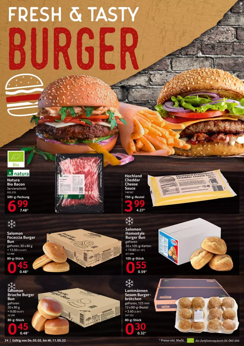 Aktueller Prospekt Selgros - Food - von 05.05 bis 11.05.2022 - strona 24 - produkty: ACC, bacon, bio, brötchen, burger, cheddar, eis, Focaccia, hochland, natur, natura, reis, salomon, sauce, sesam, Ti