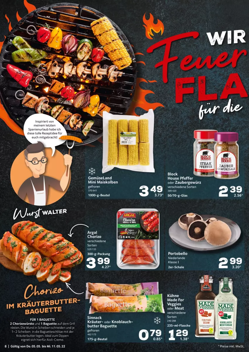 Aktueller Prospekt Selgros - Food - von 05.05 bis 11.05.2022 - strona 8 - produkty: baguette, baguettes, beutel, butter, chorizo, dip, flasche, grill, knoblauch, kräuter, kräuterbutter, mais, pfeffer, rezept, Schal, Schale, sesam, sinnack, Ti, veggie, wurst, ZTE