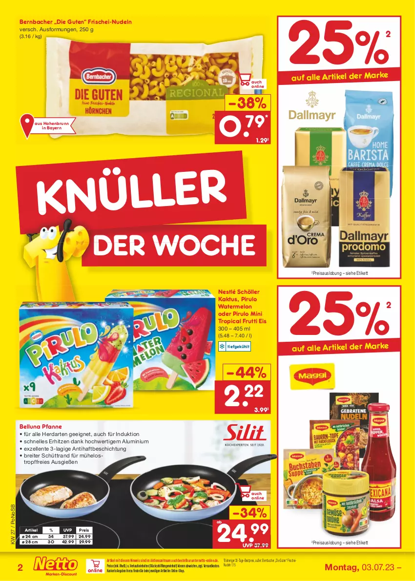 Aktueller Prospekt Netto Marken-Discount - Filial-Angebote - von 03.07 bis 08.07.2023 - strona 2 - produkty: bernbacher, bestpreis, Brei, eis, elle, ente, frischei-nudeln, herdarten, ndk, nestlé, nestlé schöller, nudel, nudeln, pfanne, reis, Schöller, Ti