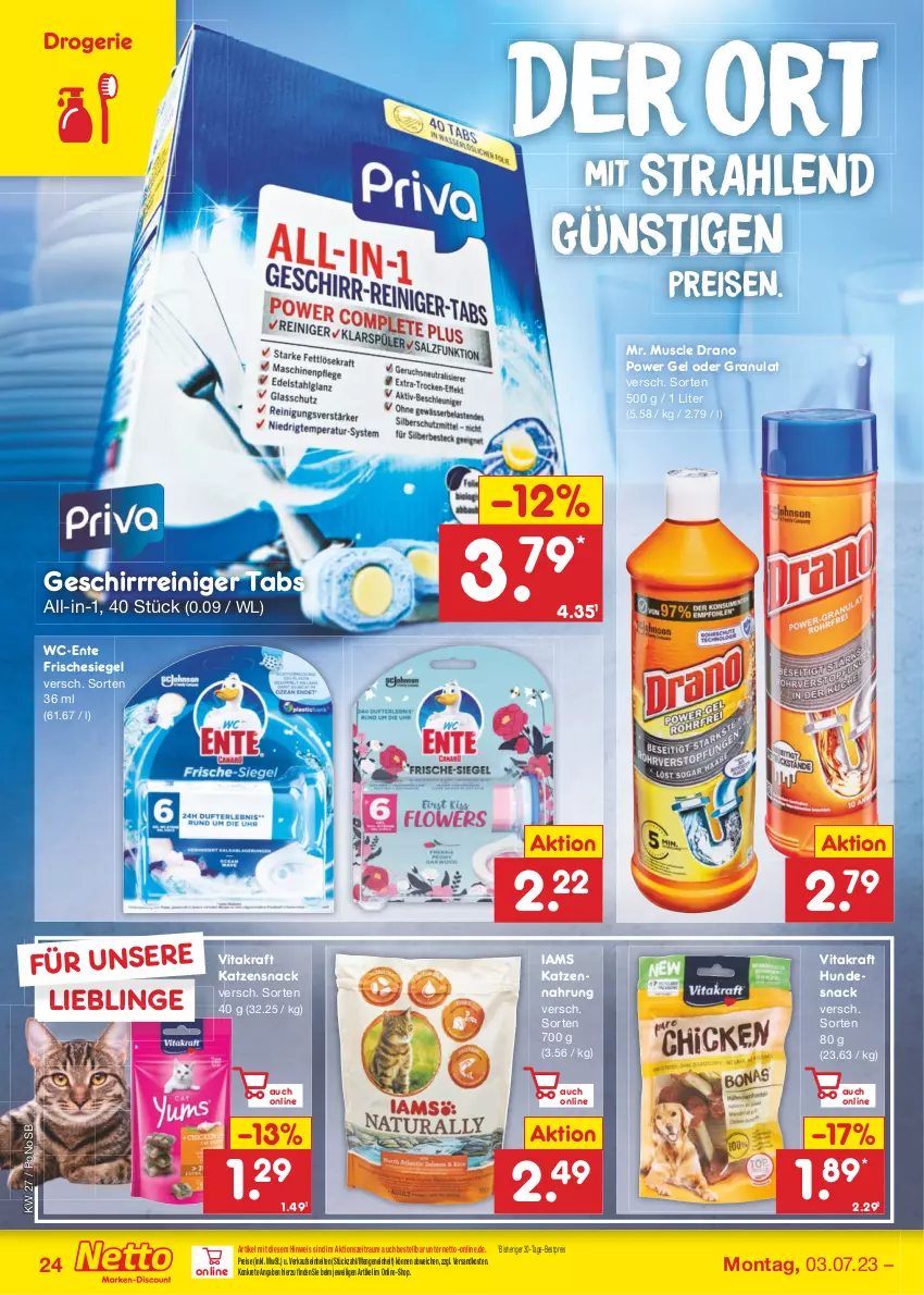 Aktueller Prospekt Netto Marken-Discount - Filial-Angebote - von 03.07 bis 08.07.2023 - strona 24 - produkty: bestpreis, eis, ente, geschirr, hundesnack, katzennahrung, katzensnack, kraft, ndk, reiniger, reis, snack, Ti, vita, vitakraft