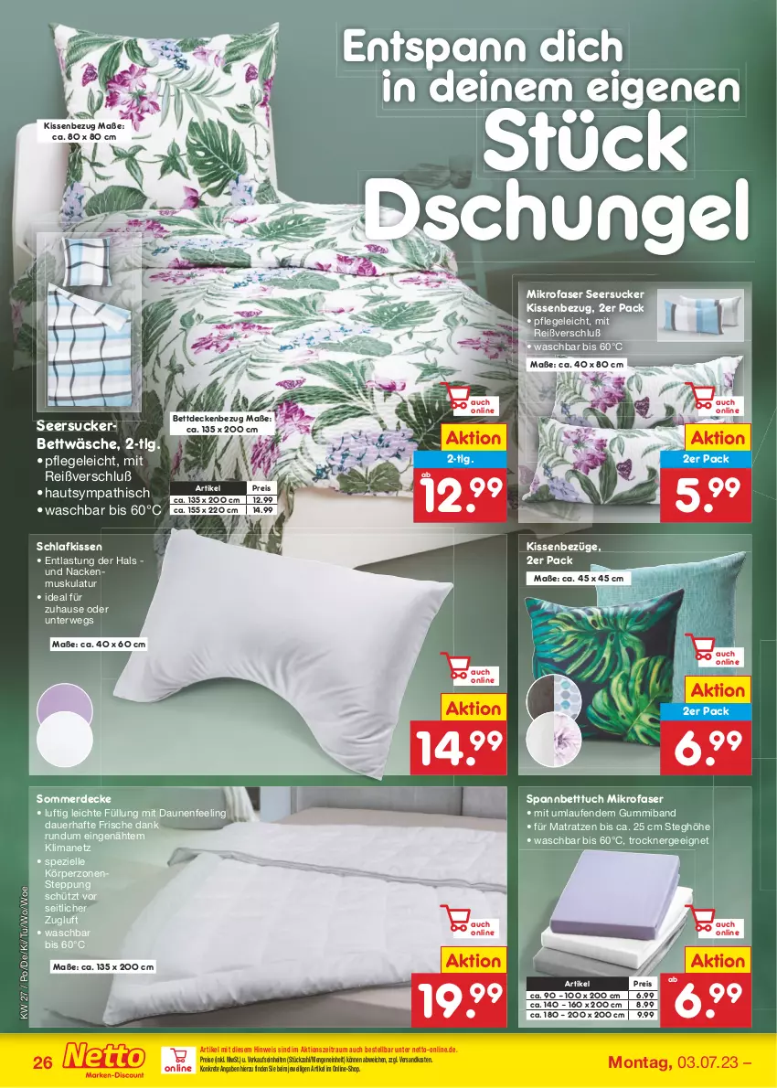 Aktueller Prospekt Netto Marken-Discount - Filial-Angebote - von 03.07 bis 08.07.2023 - strona 26 - produkty: auer, bett, Betttuch, bettwäsche, decke, eis, elle, erde, Ergee, kissen, Kissenbezug, Laufen, LG, matratze, matratzen, mikrofaser, ndk, reis, rwe, seersucker, spannbetttuch, Spezi, Ti, Trockner, tuc