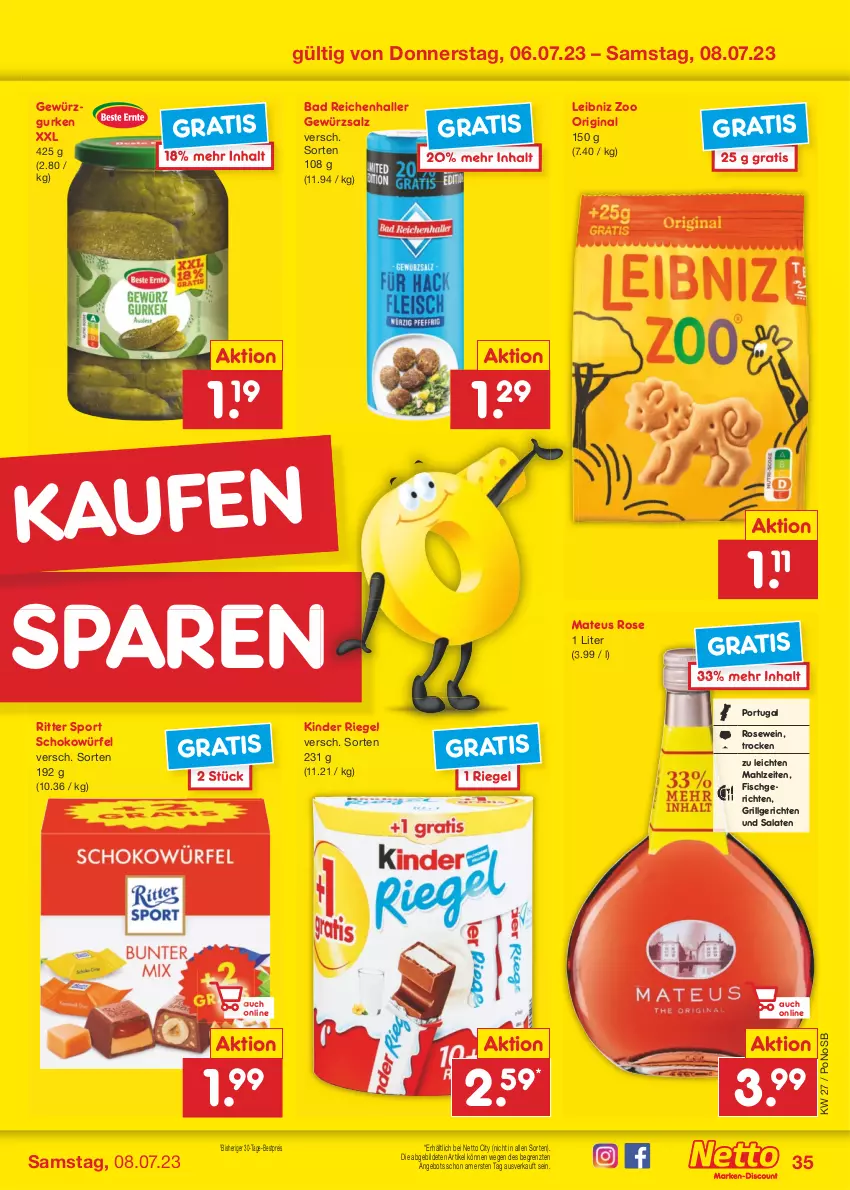 Aktueller Prospekt Netto Marken-Discount - Filial-Angebote - von 03.07 bis 08.07.2023 - strona 35 - produkty: angebot, Bad, bestpreis, eis, fisch, gewürz, Gewürzgurke, gewürzgurken, gewürzsalz, gin, grill, gurke, gurken, Kinder, kinder riegel, leibniz, LG, mateus, reis, riegel, ritter, ritter sport, salat, salate, salz, schoko, schokowürfel, Sport, Ti, wein, würfel, ZTE