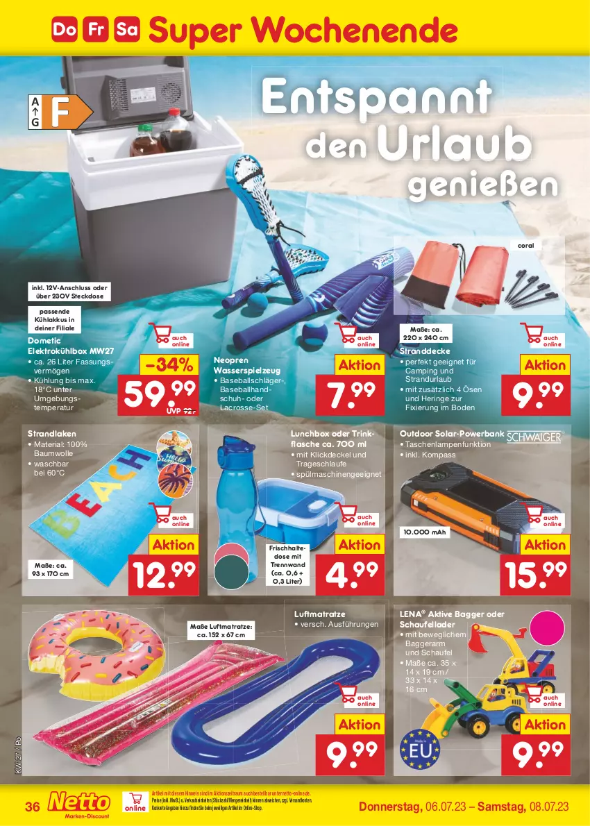 Aktueller Prospekt Netto Marken-Discount - Filial-Angebote - von 03.07 bis 08.07.2023 - strona 36 - produkty: akku, ball, Bank, Bau, baumwolle, Coral, decke, Deckel, eis, Elektro, flasche, hering, kühlakku, kühlakkus, kühlbox, Lampe, luftmatratze, lunchbox, matratze, ndk, powerbank, reis, Ria, ring, spielzeug, spülmaschinen, steckdose, strandlaken, Tasche, taschen, taschenlampe, Ti, trinkflasche, wasser, wolle