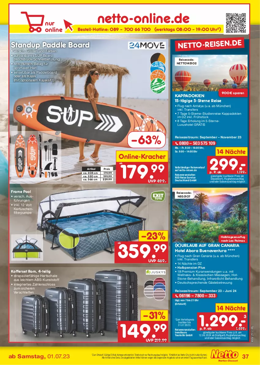 Aktueller Prospekt Netto Marken-Discount - Filial-Angebote - von 03.07 bis 08.07.2023 - strona 37 - produkty: angebot, buch, eis, Kajak, kappa, koffer, kracher, pool, reis, reiseveranstalter, reiseverlauf, Ria, Schal, Schale, telefon, Ti, trendtours touristik gmbh, uhr, vorteilspreis, ZTE