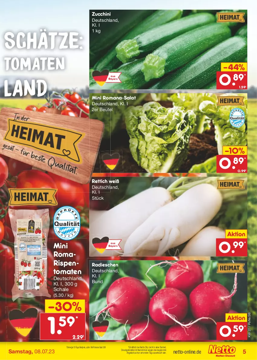 Aktueller Prospekt Netto Marken-Discount - Filial-Angebote - von 03.07 bis 08.07.2023 - strona 5 - produkty: angebot, bestpreis, beutel, eis, radieschen, reis, Rettich, rispentomaten, salat, Schal, Schale, Ti, tomate, tomaten, ZTE, zucchini