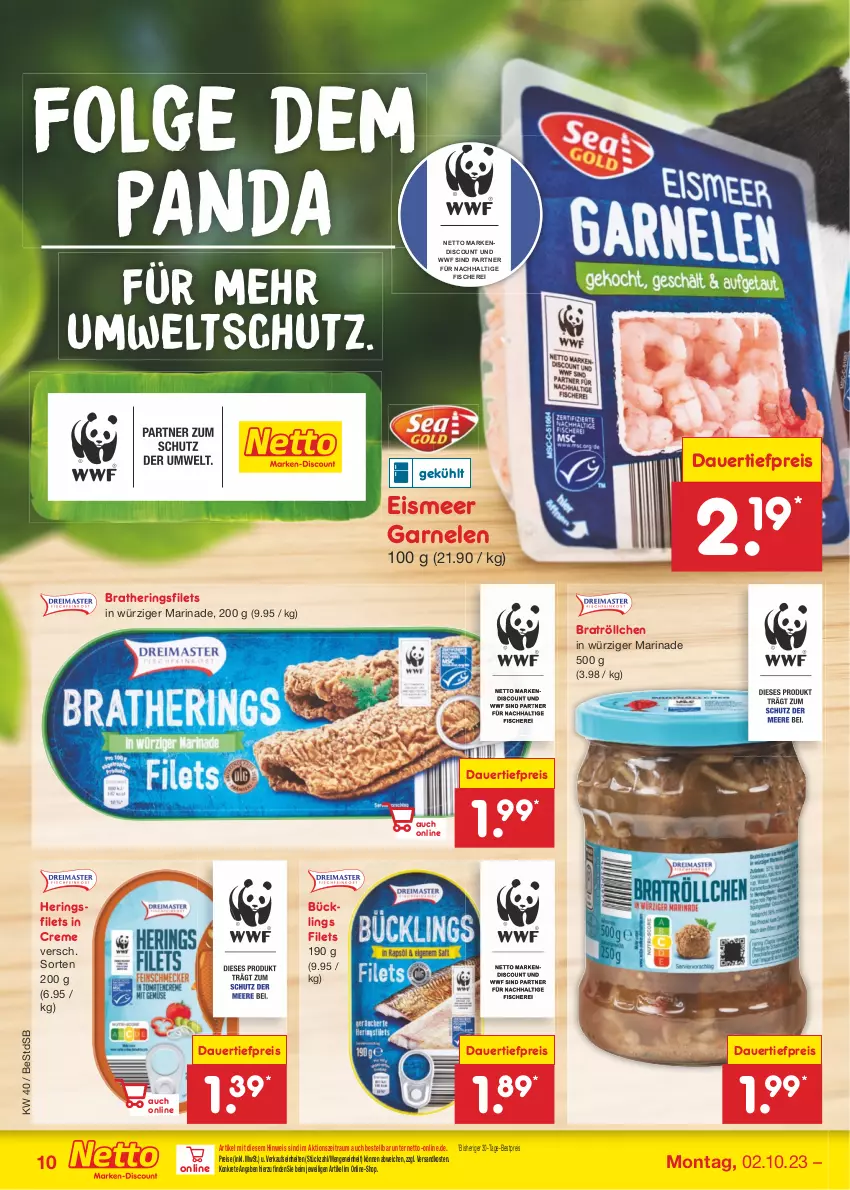 Aktueller Prospekt Netto Marken-Discount - Filial-Angebote - von 02.10 bis 07.10.2023 - strona 10 - produkty: auer, bestpreis, creme, dauertiefpreis, discount, eis, filet, filets, garnelen, hering, Herings, heringsfilets, Heringsfilets in Creme, LG, marinade, marken-discount, ndk, reis, ring, Schere, Ti, tiefpreis