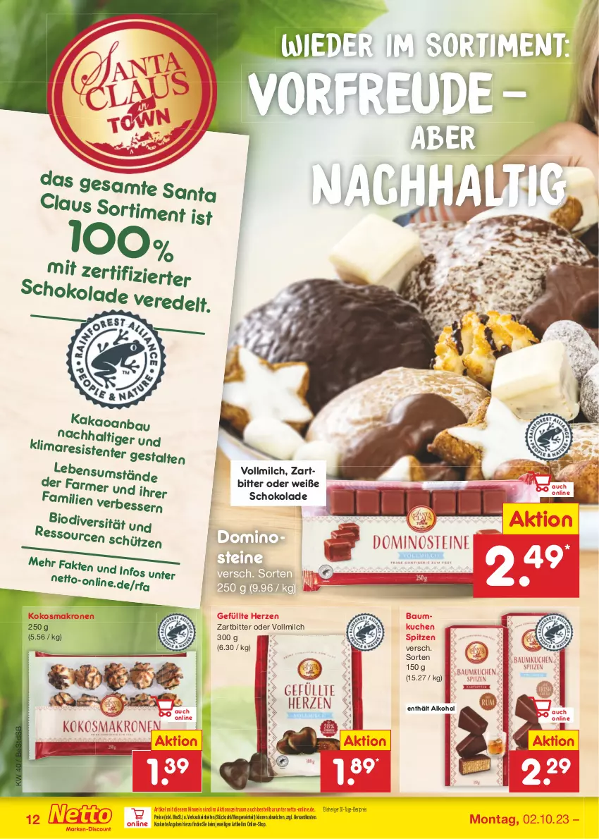 Aktueller Prospekt Netto Marken-Discount - Filial-Angebote - von 02.10 bis 07.10.2023 - strona 12 - produkty: alkohol, Bau, bestpreis, bio, Dominosteine, eis, kakao, kokos, krone, kuchen, Maresi, milch, ndk, reis, schoko, schokolade, Schütze, Ti, vollmilch, Weiße Schokolade