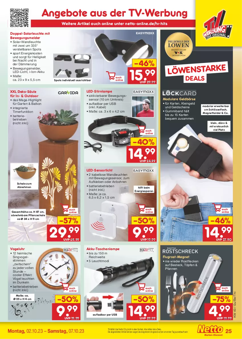 Aktueller Prospekt Netto Marken-Discount - Filial-Angebote - von 02.10 bis 07.10.2023 - strona 27 - produkty: akku, angebot, angebote, batterie, besteck, Bewegungssensor, eis, Garten, Geldbörse, Lampe, led-licht, Leuchte, leuchten, pfanne, pfannen, reis, rwe, Schal, Schale, solarleuchte, Tasche, taschen, taschenlampe, Ti, timer, uhr, usb, ZTE