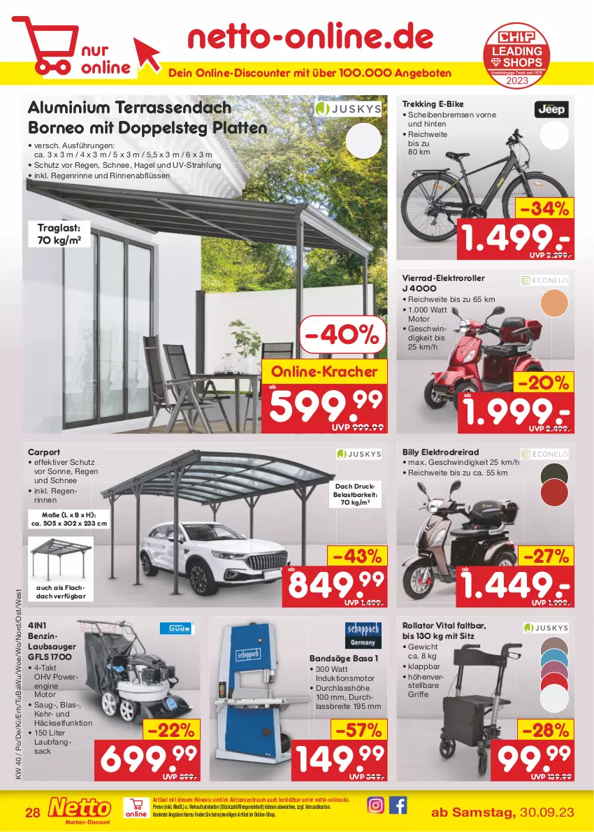 Aktueller Prospekt Netto Marken-Discount - Filial-Angebote - von 02.10 bis 07.10.2023 - strona 30 - produkty: angebot, angebote, Brei, Carport, discount, Dreirad, E-Bike, eis, Elektro, Elektroroller, gin, kracher, latte, Laubsauger, ndk, reis, Roller, sac, säge, Ti, vita