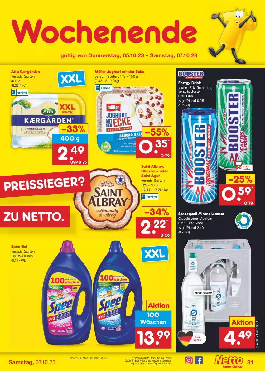 Aktueller Prospekt Netto Marken-Discount - Filial-Angebote - von 02.10 bis 07.10.2023 - strona 33 - produkty: albray, Alwa, angebot, arla, bestpreis, chavroux, drink, eis, energy drink, flasche, glasflasche, joghur, joghurt, joghurt mit der ecke, Kærgården, mineralwasser, Mineralwasser Classic, Müller, reis, reiss, Saint Agur, saint albray, spee, Spreequell, Ti, wasser, ZTE