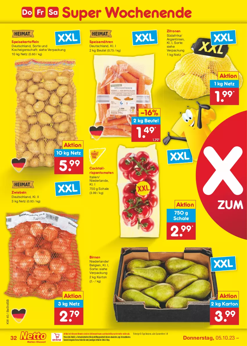 Aktueller Prospekt Netto Marken-Discount - Filial-Angebote - von 02.10 bis 07.10.2023 - strona 34 - produkty: bestpreis, beutel, Birnen, cocktail, eis, kartoffel, kartoffeln, LG, möhren, ndk, reis, rispentomaten, Schal, Schale, speisekartoffeln, speisemöhren, Ti, tomate, tomaten, zitrone, zitronen, zwiebel, zwiebeln