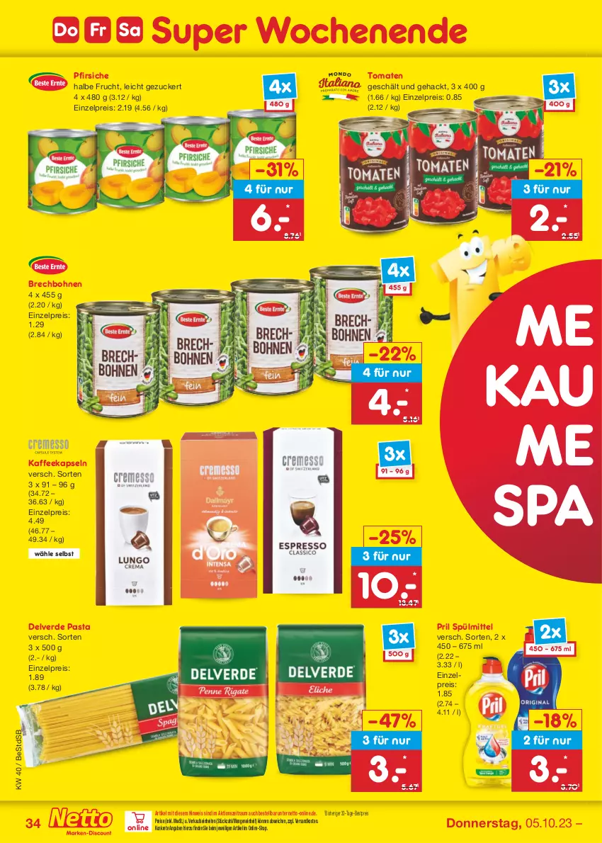 Aktueller Prospekt Netto Marken-Discount - Filial-Angebote - von 02.10 bis 07.10.2023 - strona 36 - produkty: bestpreis, bohne, bohnen, eis, erde, frucht, kaffee, kaffeekapseln, ndk, pasta, pfirsich, pfirsiche, pril, reis, spülmittel, Ti, tomate, tomaten, zucker