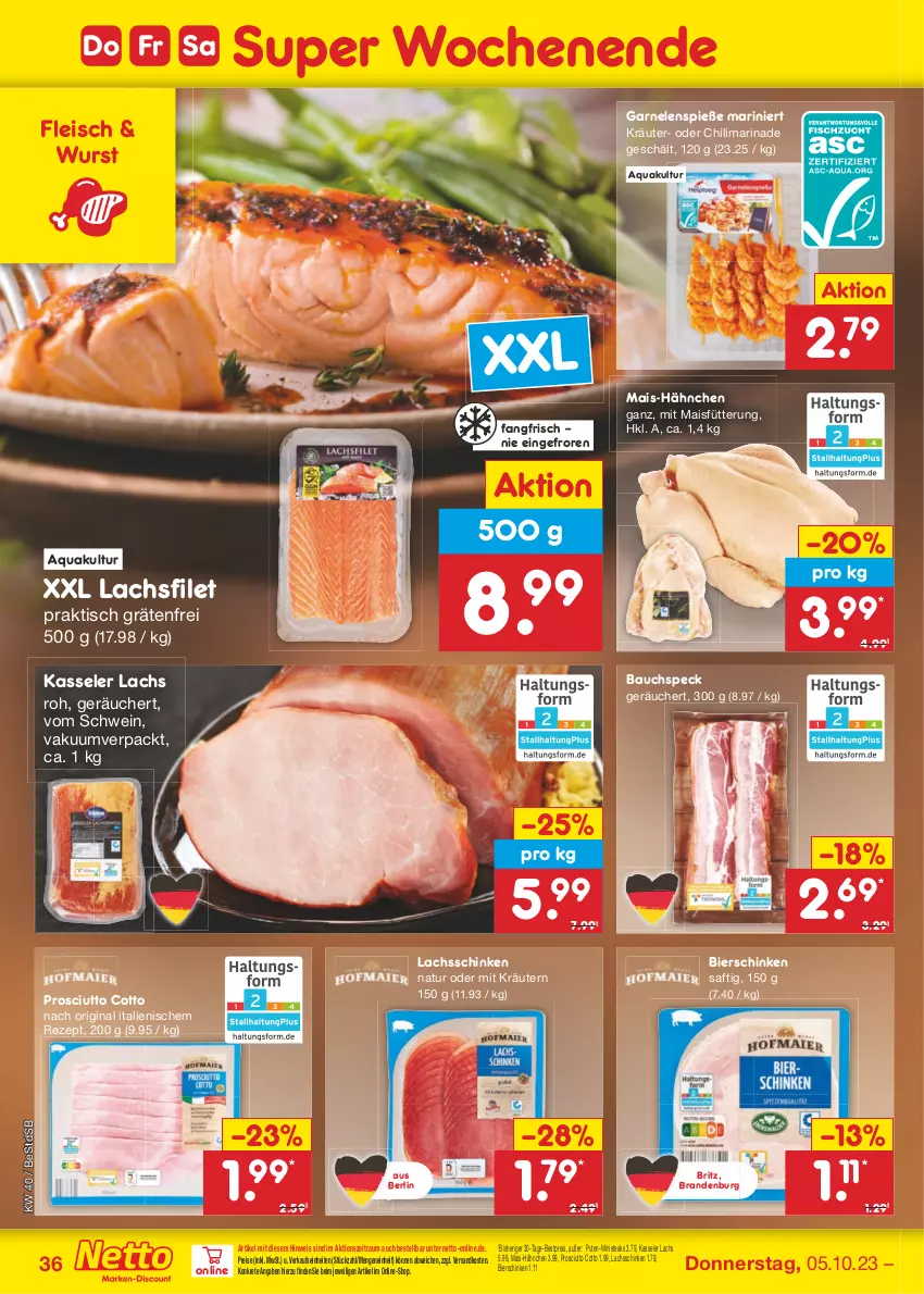 Aktueller Prospekt Netto Marken-Discount - Filial-Angebote - von 02.10 bis 07.10.2023 - strona 38 - produkty: aqua, Bau, bestpreis, bier, bierschinken, chili, eis, filet, fleisch, garnelen, gin, kasseler, kräuter, kräutern, lachs, lachsfilet, lachsschinken, mais, marinade, natur, ndk, prosciutto, prosciutto cotto, pute, reis, rezept, saft, schinken, schwein, Speck, steak, steaks, Ti, tisch, wein, wurst