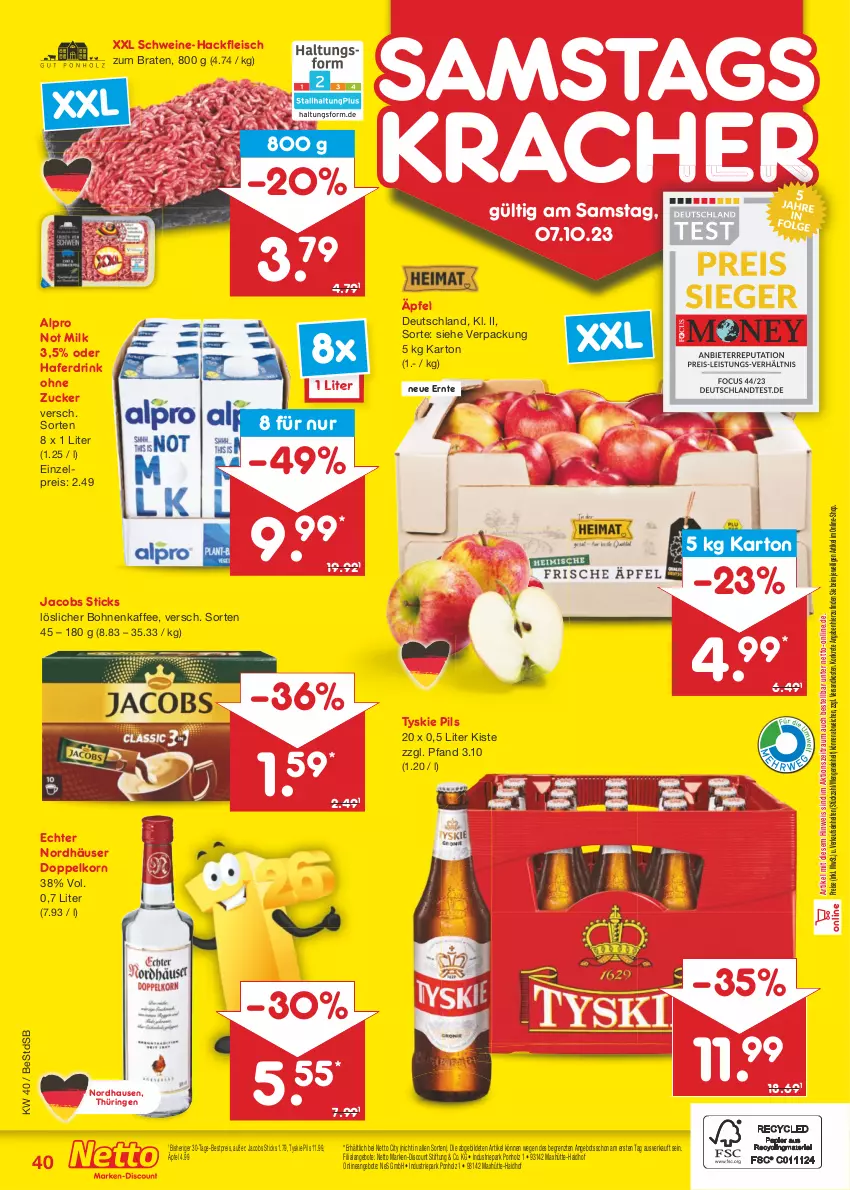 Aktueller Prospekt Netto Marken-Discount - Filial-Angebote - von 02.10 bis 07.10.2023 - strona 42 - produkty: alpro, angebot, angebote, bestpreis, bohne, bohnen, bohnenkaffee, braten, discount, doppelkorn, drink, eis, fleisch, hackfleisch, hafer, Haferdrink, Holz, jacobs, kaffee, korn, kracher, löslicher bohnenkaffee, marken-discount, ndk, pils, reis, ring, schwein, schweine, Ti, tyskie, wein, weine, ZTE, zucker