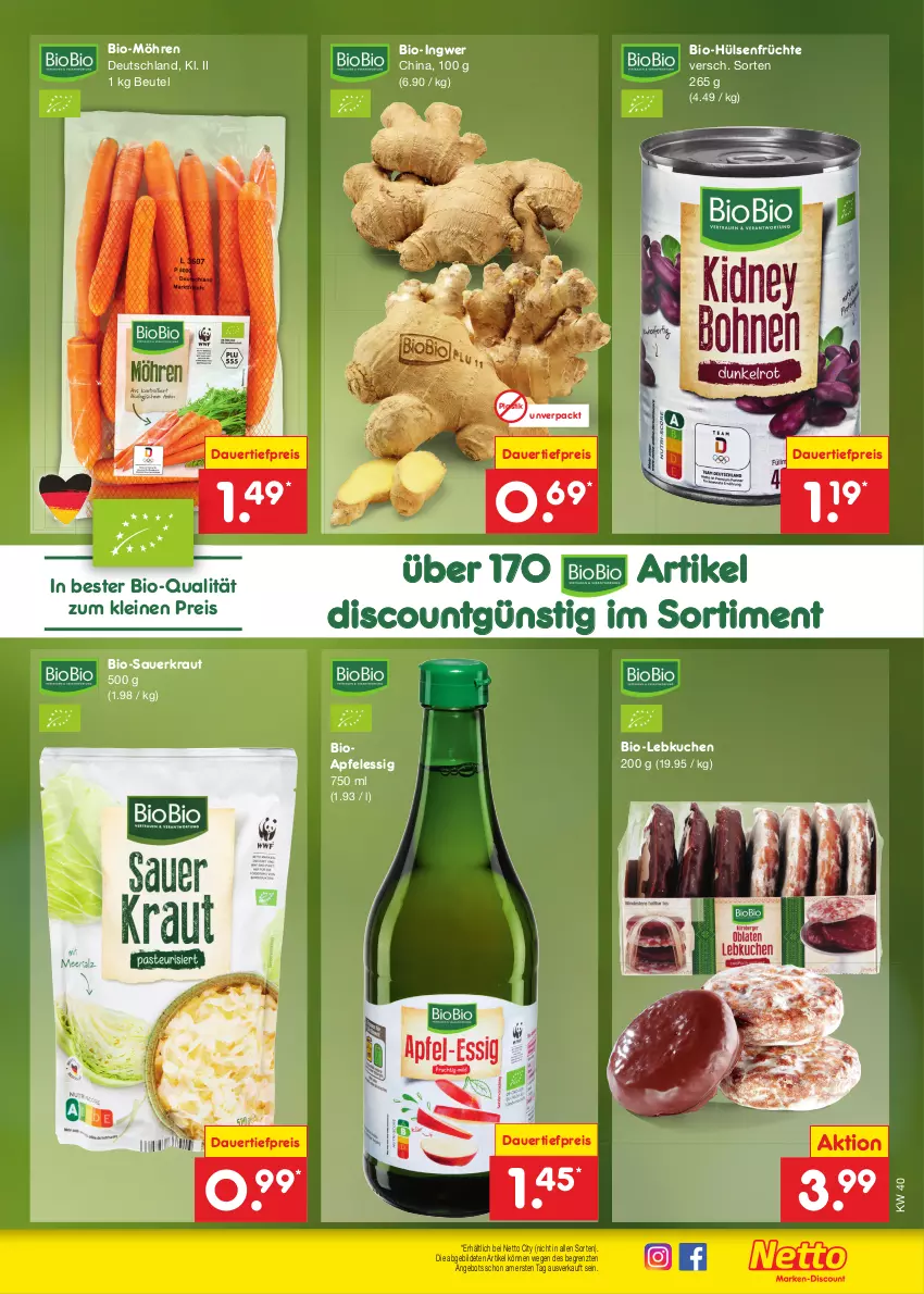 Aktueller Prospekt Netto Marken-Discount - Filial-Angebote - von 02.10 bis 07.10.2023 - strona 45 - produkty: angebot, apfel, apfelessig, asti, auer, beutel, bio, dauertiefpreis, discount, eis, essig, früchte, hülsenfrüchte, ingwer, Kraut, kuchen, Lebkuchen, leine, möhren, reis, Sauerkraut, senf, Ti, tiefpreis, ZTE