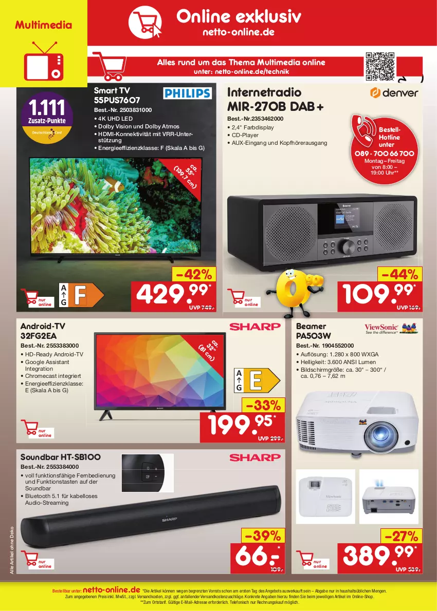 Aktueller Prospekt Netto Marken-Discount - Filial-Angebote - von 02.10 bis 07.10.2023 - strona 48 - produkty: angebot, eis, fernbedienung, HDMI, kopfhörer, ndk, Radio, reis, smart tv, soundbar, telefon, Ti, uhd, uhr, ZTE