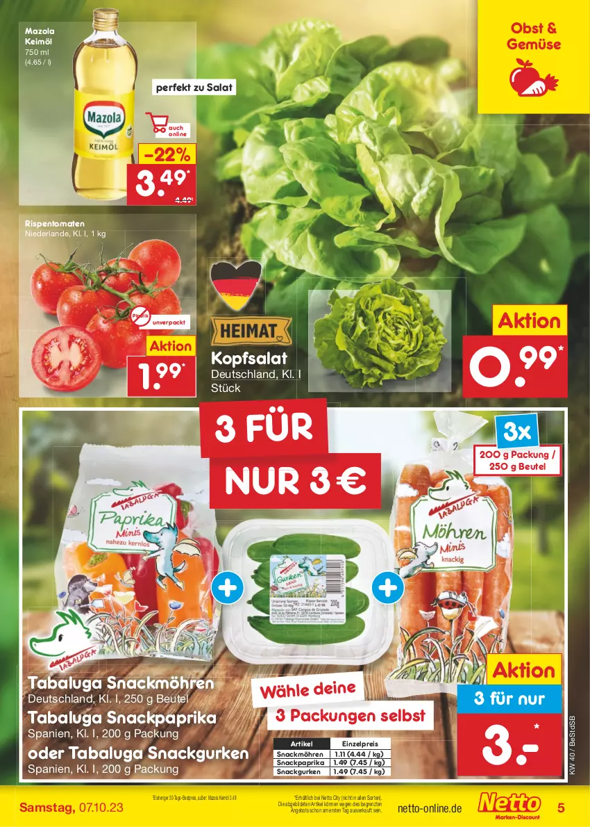 Aktueller Prospekt Netto Marken-Discount - Filial-Angebote - von 02.10 bis 07.10.2023 - strona 5 - produkty: angebot, asti, bestpreis, beutel, eis, gurke, gurken, keimöl, kopfsalat, mazola, möhren, obst, paprika, reis, rispentomaten, salat, snack, Ti, tomate, tomaten, ZTE