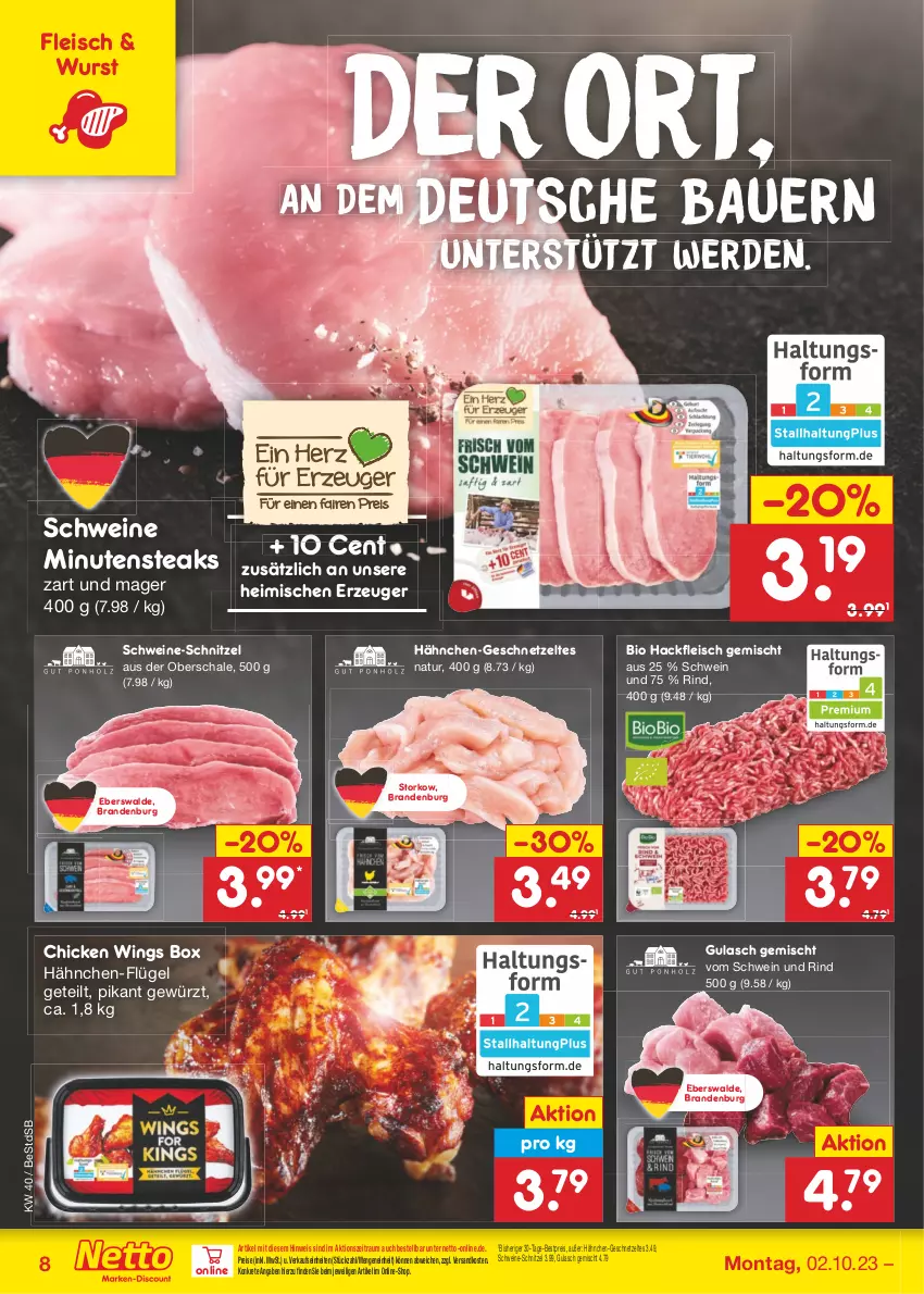 Aktueller Prospekt Netto Marken-Discount - Filial-Angebote - von 02.10 bis 07.10.2023 - strona 8 - produkty: auer, Bau, Bauer, bestpreis, bio, chicken wings, eis, erde, fleisch, geschnetzeltes, gewürz, gulasch, hackfleisch, hackfleisch gemischt, minutensteaks, natur, ndk, reis, rind, Schal, Schale, schnitzel, schwein, schwein und rind, schweine, schweine-schnitzel, steak, steaks, Ti, vom schwein und rind, wein, weine, wurst, Zelt