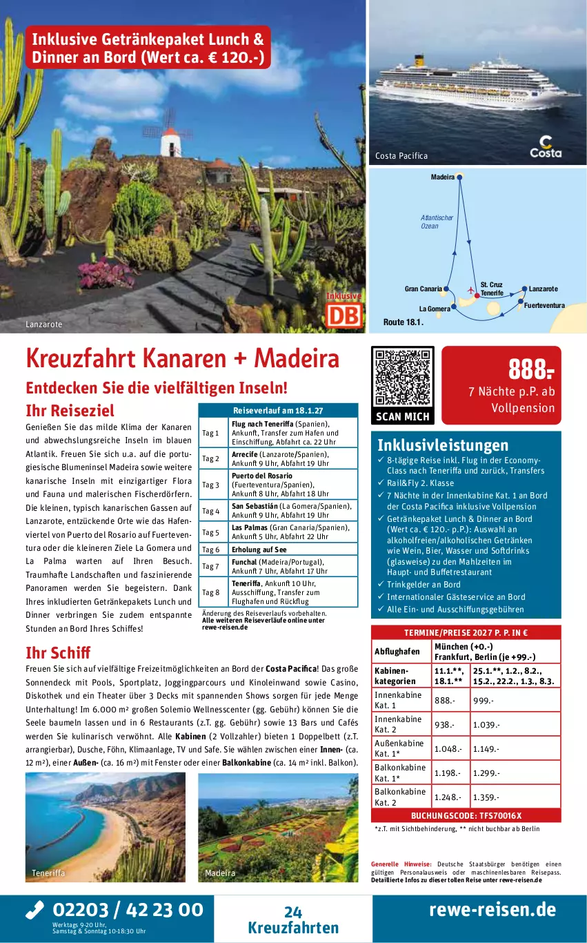 Aktueller Prospekt Rewe Reisen - Reiseprospekt - von 27.02 bis 27.03.2026 - strona 24 - produkty: alkohol, asti, balkonkabine, Bau, bett, bier, blume, blumen, buch, Cif, decke, drink, drinks, dusche, eis, elle, ente, erde, fenster, fisch, fische, Fischer, getränk, getränke, gin, inklusivleistungen, kreuzfahrten, leine, Persona, pool, reis, reiseverlauf, rel, Ria, ring, Sport, Thea, Ti, tisch, uhr, wasser, wein