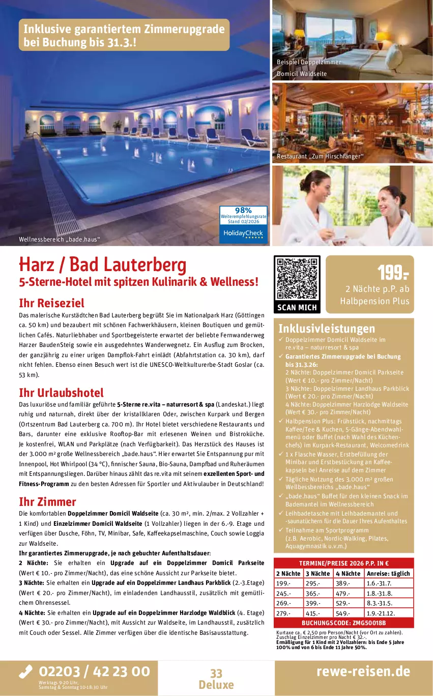 Aktueller Prospekt Rewe Reisen - Reiseprospekt - von 27.02 bis 27.03.2026 - strona 33 - produkty: aqua, asti, auer, axe, Bad, Bademantel, Bau, bio, Brock, buch, Couch, drink, dusche, eis, elle, ente, flasche, inklusivleistungen, innenpool, kaffee, kaffeekapseln, Kapselmaschine, küche, Küchen, kuchen, kurtaxe, leine, Liege, Mantel, natur, pool, reis, rum, rwe, sessel, snack, Sport, Tasche, tee, Ti, tisch, tücher, uhr, vita, wasser, wein, weine, wellnessbereich, Whirlpool