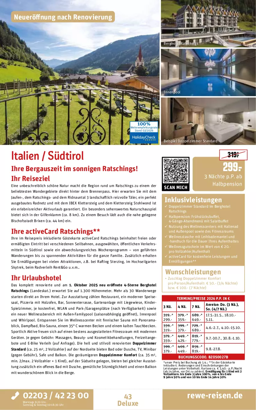 Aktueller Prospekt Rewe Reisen - Reiseprospekt - von 27.02 bis 27.03.2026 - strona 43 - produkty: angebot, angebote, auer, axe, Bad, Bademantel, Bau, bio, buch, dusche, E-Bike, eis, ente, Garten, gutschein, handtuch, Holz, inklusivleistungen, innenpool, Kinder, Kinderspiel, kosmetik, kurtaxe, lamm, LG, Liege, mab, mac, Mantel, Mode, natur, Ofen, pool, rama, reis, Ria, rwe, salat, Sport, Tasche, Ti, tuc, uhr, wellnessbereich, Whirlpool