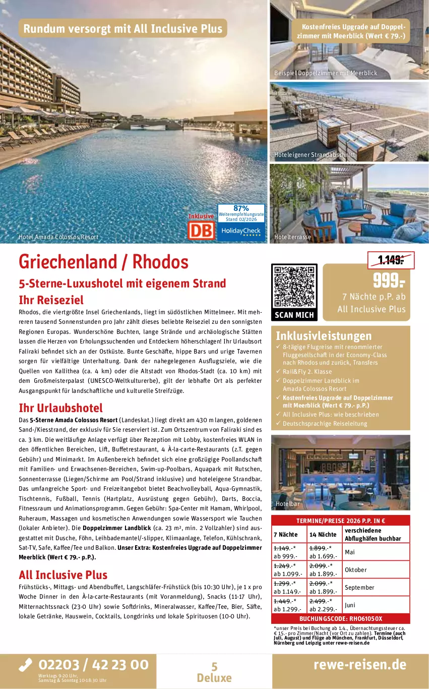 Aktueller Prospekt Rewe Reisen - Reiseprospekt - von 27.02 bis 27.03.2026 - strona 5 - produkty: Alwa, angebot, aqua, asti, Bad, Bademantel, ball, bier, buch, cocktail, cocktails, decke, deutschsprachige reiseleitung, drink, drinks, dusche, eis, elle, ente, Fußball, getränk, getränke, hama, hipp, inklusivleistungen, kaffee, kühlschrank, Liege, mam, Mantel, Meister, mineralwasser, pool, reis, rel, rezept, rum, säfte, schirme, Schrank, slip, Slipper, snack, snacks, spirituosen, Sport, tee, telefon, Thea, Ti, tisch, uhr, wasser, Wassersport, wein, Whirlpool