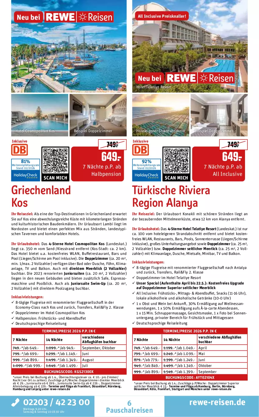 Aktueller Prospekt Rewe Reisen - Reiseprospekt - von 27.02 bis 27.03.2026 - strona 6 - produkty: alkohol, alkoholische getränke, angebot, Bad, Bau, buch, deutschsprachige reiseleitung, dusche, eis, ente, espresso, Gesichtsmaske, getränk, getränke, inklusivleistungen, Liege, Maske, obst, pool, pril, reis, Schal, schirme, snack, snacks, Ti, uhr, wein