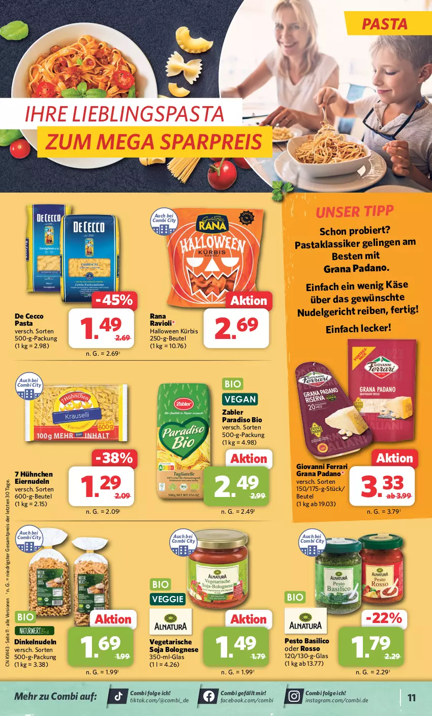 Aktueller Prospekt Combi - Prospekte - von 23.10 bis 28.10.2023 - strona 11 - produkty: basilico, beutel, bier, bio, bolognese, De Cecco, ecco, eier, eiernudeln, eis, grana, grana padano, Käse, Kürbis, LG, nudel, Nudelgericht, nudeln, padano, pasta, pesto, Rana, ravioli, reis, soja, Ti, Vegeta, veggie, Zabler, ZTE