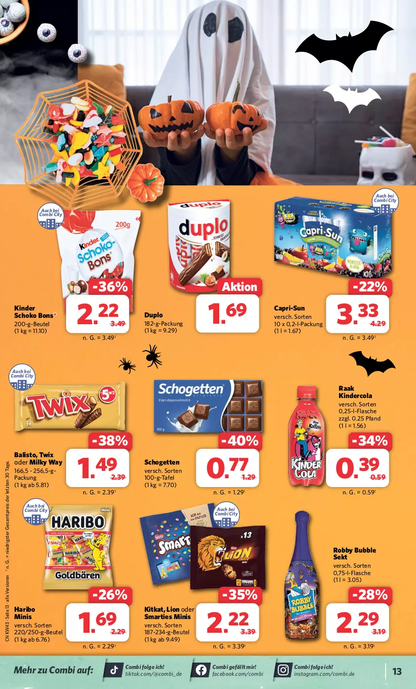 Aktueller Prospekt Combi - Prospekte - von 23.10 bis 28.10.2023 - strona 13 - produkty: balisto, beutel, Cap, capri-sun, cola, duplo, eis, flasche, haribo, Kinder, kitkat, LG, lion, milky way, reis, robby, schogetten, schoko, sekt, smarties, Ti, twix, ZTE