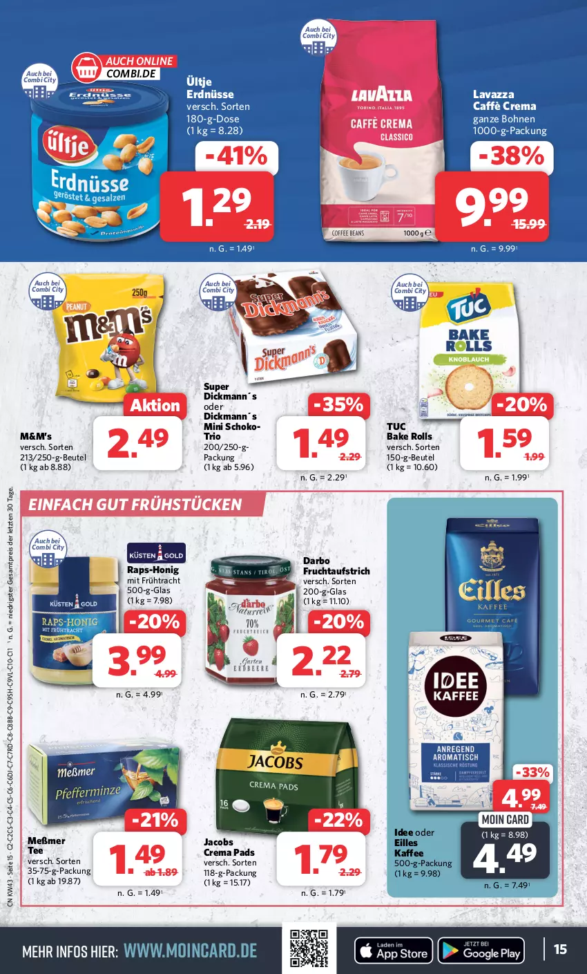 Aktueller Prospekt Combi - Prospekte - von 23.10 bis 28.10.2023 - strona 15 - produkty: aufstrich, beutel, bohne, bohnen, caffè crema, crema pads, darbo, eis, erdnüsse, frucht, fruchtaufstrich, honig, jacobs, Jacobs Crema, kaffee, lavazza, Meßmer, reis, schoko, tee, Ti, tuc, ültje, ültje erdnüsse, ZTE