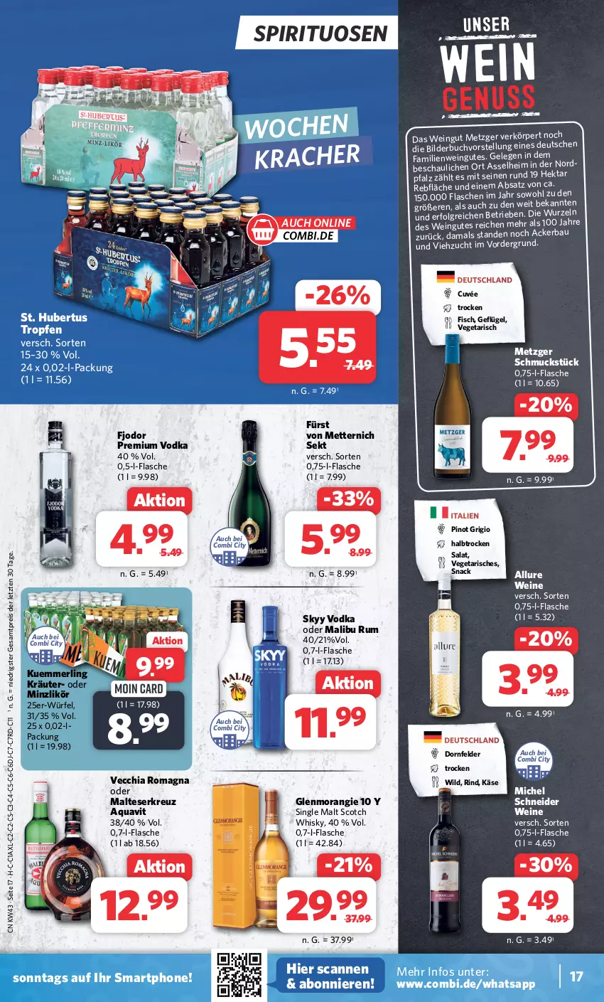 Aktueller Prospekt Combi - Prospekte - von 23.10 bis 28.10.2023 - strona 17 - produkty: aqua, aquavit, Bau, buch, chia, cuvée, dornfelder, eis, fisch, flasche, fürst von metternich, Geflügel, Käse, kracher, kräuter, kuemmerling, LG, likör, Malibu, malteser, merl, Mett, metternich, Michel Schneider, Pinot, pinot grigio, premium vodka, reis, rind, rum, salat, Schmuck, scotch, scotch whisky, sekt, single malt, skyy, Skyy Vodka, smartphone, snack, spirituosen, Ti, Vecchia Romagna, Vegeta, vodka, wein, weine, whisky, Wild, würfel, ZTE