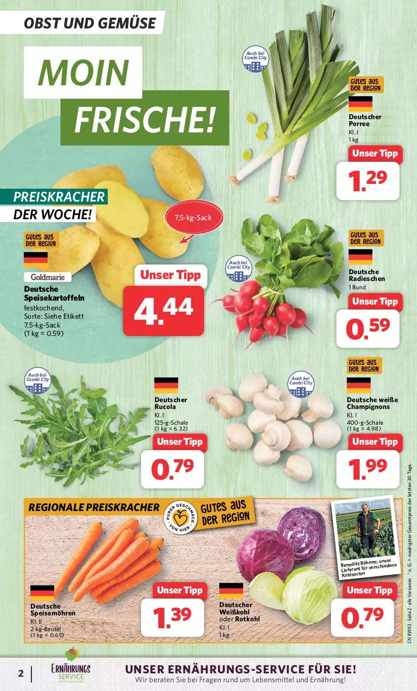 Aktueller Prospekt Combi - Prospekte - von 23.10 bis 28.10.2023 - strona 2 - produkty: beutel, champignon, champignons, cola, eis, HP, kartoffel, kartoffeln, kracher, lebensmittel, möhren, obst, Obst und Gemüse, radieschen, reis, rotkohl, rucola, sac, Schal, Schale, speisekartoffeln, speisemöhren, Ti, und gemüse, Weißkohl, ZTE