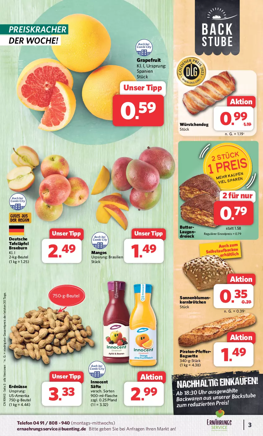 Aktueller Prospekt Combi - Prospekte - von 23.10 bis 28.10.2023 - strona 3 - produkty: backwaren, baguette, beutel, blume, blumen, brötchen, butter, eis, erdnüsse, flasche, grapefruit, Innocent, kracher, mango, mangos, pfeffer, reis, säfte, sonnenblume, sonnenblumen, stube, tafeläpfel, telefon, Ti, uhr, würstchen, ZTE