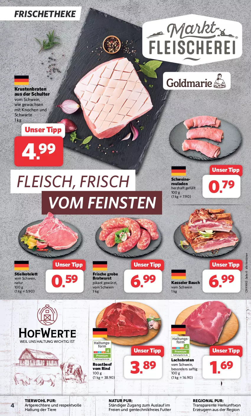 Aktueller Prospekt Combi - Prospekte - von 23.10 bis 28.10.2023 - strona 4 - produkty: Bau, beef, braten, bratwurst, eis, ente, fleisch, gewürz, grobe bratwurst, kasseler, kotelett, krustenbraten, lachs, Lachsbraten, natur, rind, roastbeef, rouladen, saft, schwein, schweine, Ti, Tiere, wein, weine, wurst