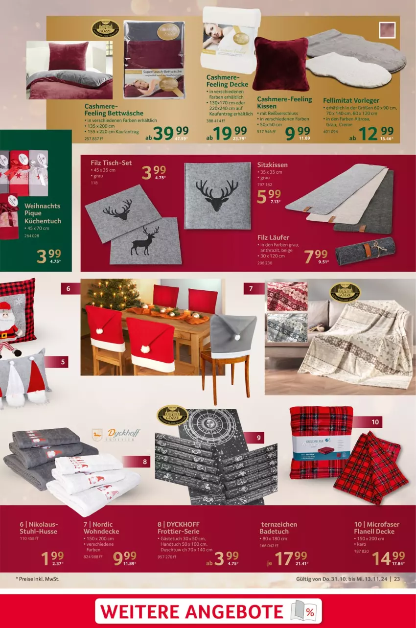 Aktueller Prospekt Selgros - Weihnachts-Dekoration - von 31.10 bis 13.11.2024 - strona 23 - produkty: angebot, angebote, Bad, badetuch, bett, bettwäsche, cashmere, creme, decke, eis, kissen, Läufer, reis, sitzkissen, stuhl, Ti, tisch, tuc