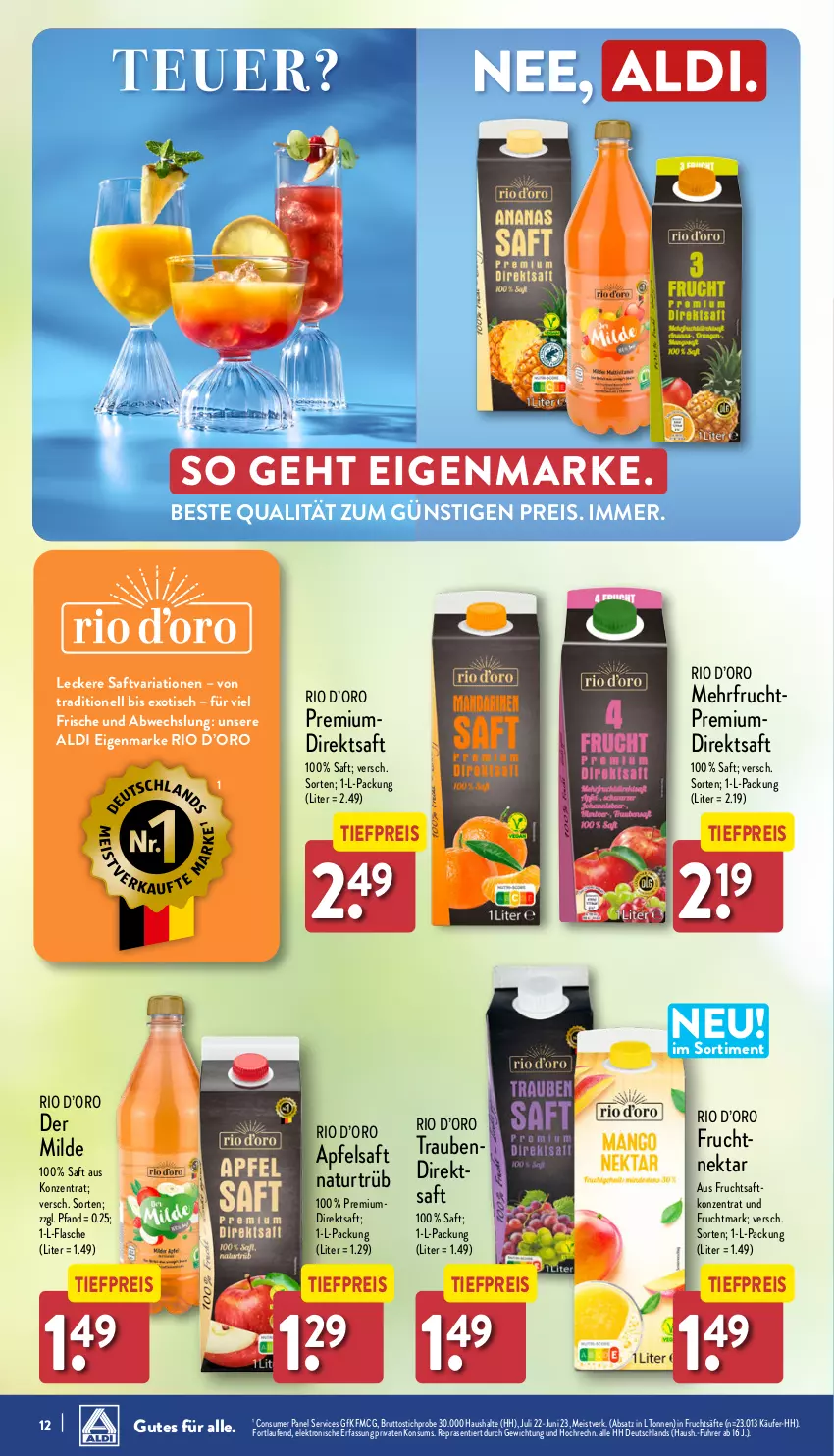 Aktueller Prospekt Aldi Nord - Von Montag - von 15.04 bis 20.04.2024 - strona 12 - produkty: aldi, apfel, apfelsaft, brut, direktsaft, eis, Elektro, flasche, frucht, Fruchtmark, fruchtsaft, fruchtsäfte, HP, Laufen, natur, Nektar, reis, Ria, saft, säfte, Ti, tiefpreis, tisch, trauben