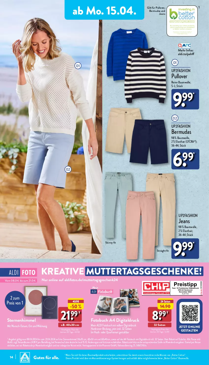 Aktueller Prospekt Aldi Nord - Von Montag - von 15.04 bis 20.04.2024 - strona 14 - produkty: aldi, angebot, Bau, baumwolle, bermuda, bermudas, bett, buch, eis, elle, Fotobuch, jeans, K2, korb, ndk, Pullover, reine baumwolle, reis, ring, rwe, Ti, up2fashion, wolle, ZTE