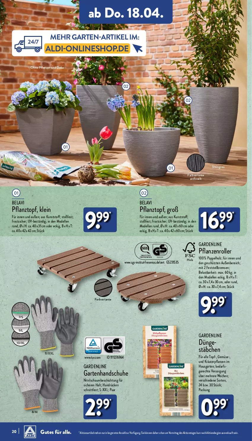 Aktueller Prospekt Aldi Nord - Von Montag - von 15.04 bis 20.04.2024 - strona 20 - produkty: aldi, dell, elle, Garten, gin, handschuhe, Holz, kräuter, Mode, pflanze, pflanzen, Pflanztopf, Ria, Roller, schuhe, Ti, topf, ZTE