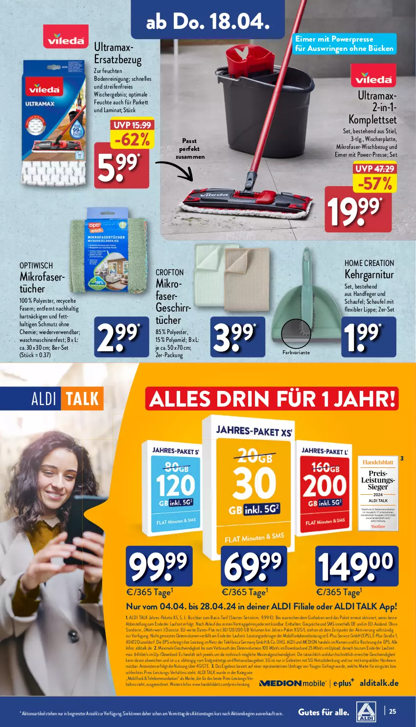 Aktueller Prospekt Aldi Nord - Von Montag - von 15.04 bis 20.04.2024 - strona 25 - produkty: aldi, aldi talk, axe, Bau, buch, Crofton, eimer, eis, elle, garnitur, Germ, geschirr, geschirrtücher, gin, hardware, Kehrgarnitur, laminat, latte, LG, medion, mikrofaser, Mikrofasertücher, Optiwisch, rama, Rauch, reifen, Reinigung, reis, Ria, ring, rwe, Ti, tücher, usb, waschmaschine, waschmaschinen, Yo, ZTE