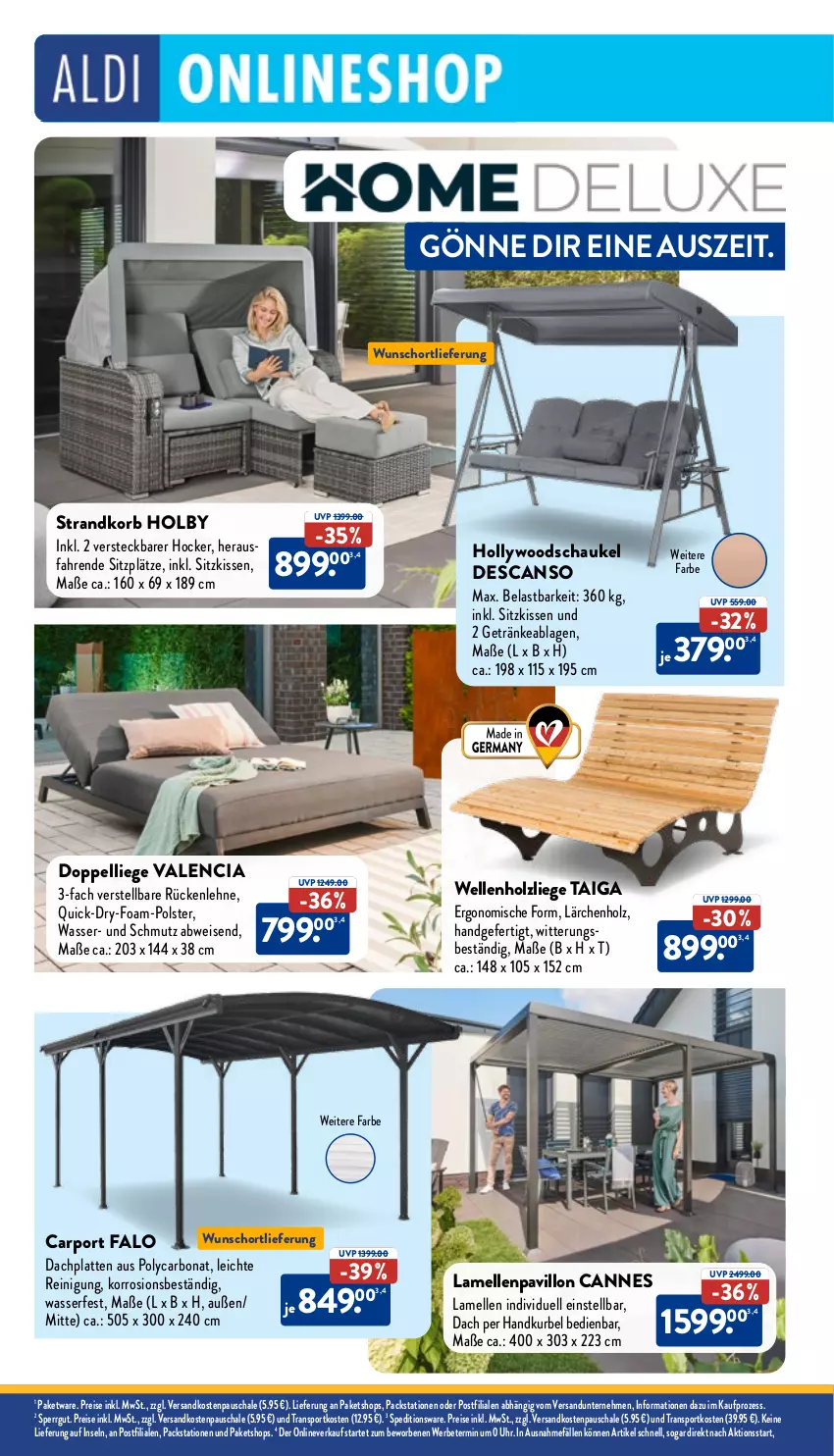 Aktueller Prospekt Aldi Nord - Von Montag - von 15.04 bis 20.04.2024 - strona 36 - produkty: Bona, Carport, eis, elle, getränk, getränke, hocker, hollywoodschaukel, Holz, HP, kissen, korb, latte, Liege, ndk, pavillon, Reinigung, reis, rückenlehne, Schal, Schale, Schaukel, sitzkissen, Sport, strandkorb, Ti, uhr, wasser