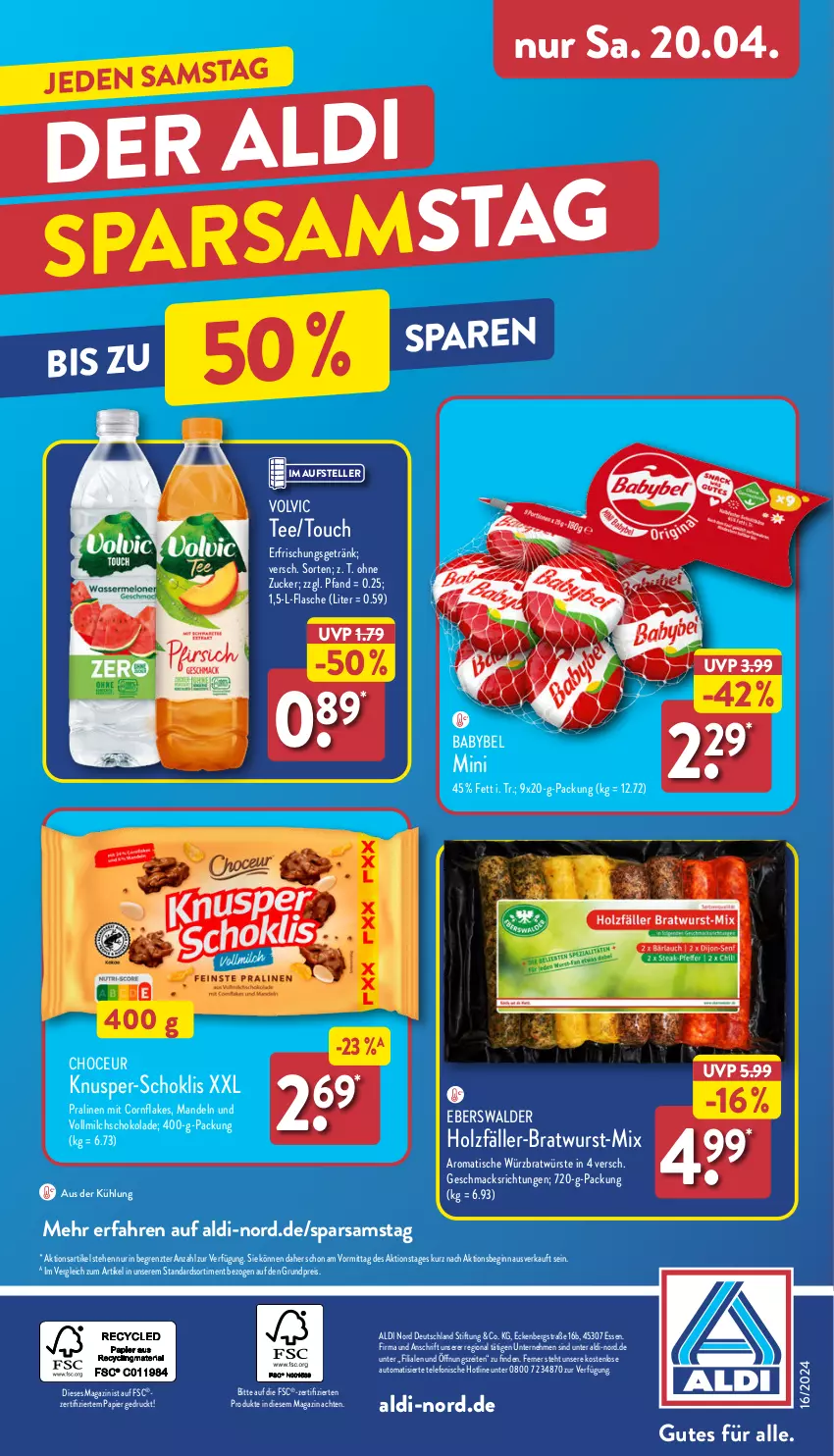 Aktueller Prospekt Aldi Nord - Von Montag - von 15.04 bis 20.04.2024 - strona 42 - produkty: aldi, auto, babybel, bratwurst, eis, elle, erfrischungsgetränk, flakes, flasche, getränk, gin, Holz, mac, magazin, mandel, mandeln, milch, papier, pralinen, reis, schoko, schokolade, tee, telefon, teller, Ti, tisch, vollmilch, volvic, wurst, ZTE, zucker