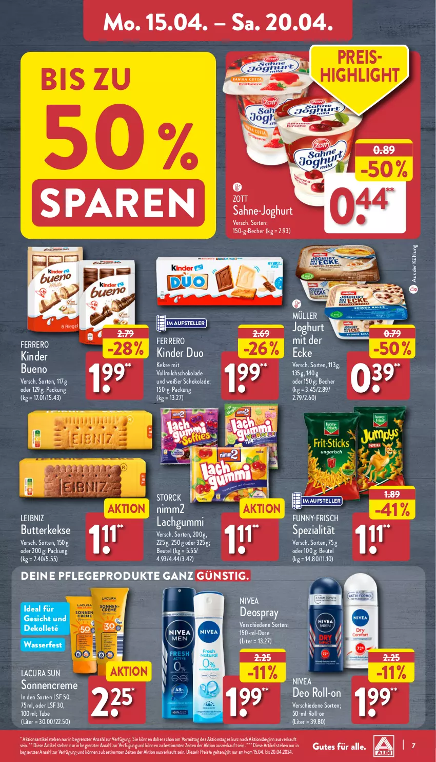 Aktueller Prospekt Aldi Nord - Von Montag - von 15.04 bis 20.04.2024 - strona 7 - produkty: Becher, beutel, butter, butterkeks, creme, deo, deo roll-on, deospray, eis, elle, ferrero, funny-frisch, gin, joghur, joghurt, joghurt mit der ecke, keks, kekse, Kinder, kinder bueno, lachgummi, leibniz, milch, Müller, nimm2, nivea, reis, roll-on, sahne, schoko, schokolade, sonnencreme, Spezi, storck, teller, Ti, vollmilch, wasser, zott, ZTE