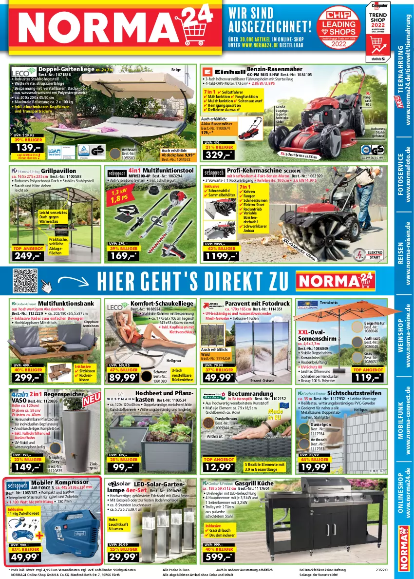 Aktueller Prospekt Norma - Norma - von 27.05 bis 12.06.2022 - strona 1 - produkty: abdeckplane, Air Force, akku, akku-rasenmäher, angebot, armlehnen, auer, Bank, Bau, Beetumrandung, Behälter, beleuchtung, Bona, braun, Brei, bürste, bürsten, edelstahl, eis, Elektro, elle, ente, Garten, gartenliege, gasgrill, grill, Grillpavillon, Holz, kissen, kompressor, kopfkissen, kraft, küche, Kugel, Lampe, led-beleuchtung, LG, Liege, mit led-beleuchtung, natur, ndk, paneel, Paravent, pavillon, rasen, rasenmäher, Rauch, reifen, Reinigung, reis, Ria, Rückenkissen, rückenlehne, rwe, sac, Schal, Schale, Schaukel, Schaukelliege, schlauch, schultergurt, sitzkissen, sonnenschirm, Sport, Ti, tiernahrung, tisch, trolley, uv-schutz, wasser, wein, weine, weinshop, ZTE