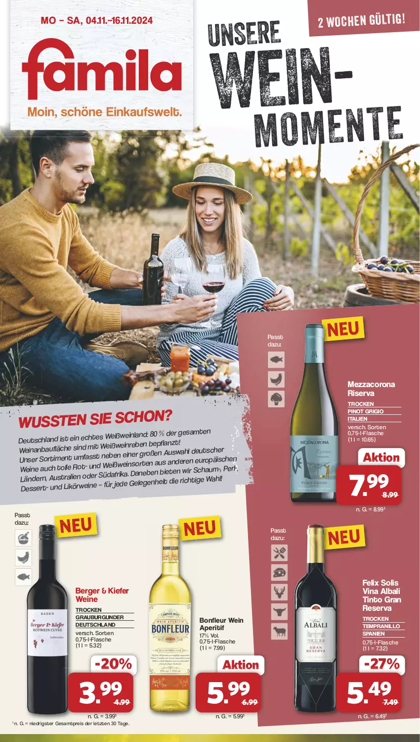 Aktueller Prospekt Famila - Prospekte - von 04.11 bis 16.11.2024 - strona 1 - produkty: aperitif, Bau, Berger, burgunder, corona, dessert, eis, felix, flasche, grauburgunder, likör, mezzacorona, Pinot, pinot grigio, reis, riserva, rwe, tempranillo, Ti, wein, weine, Weißwein, ZTE