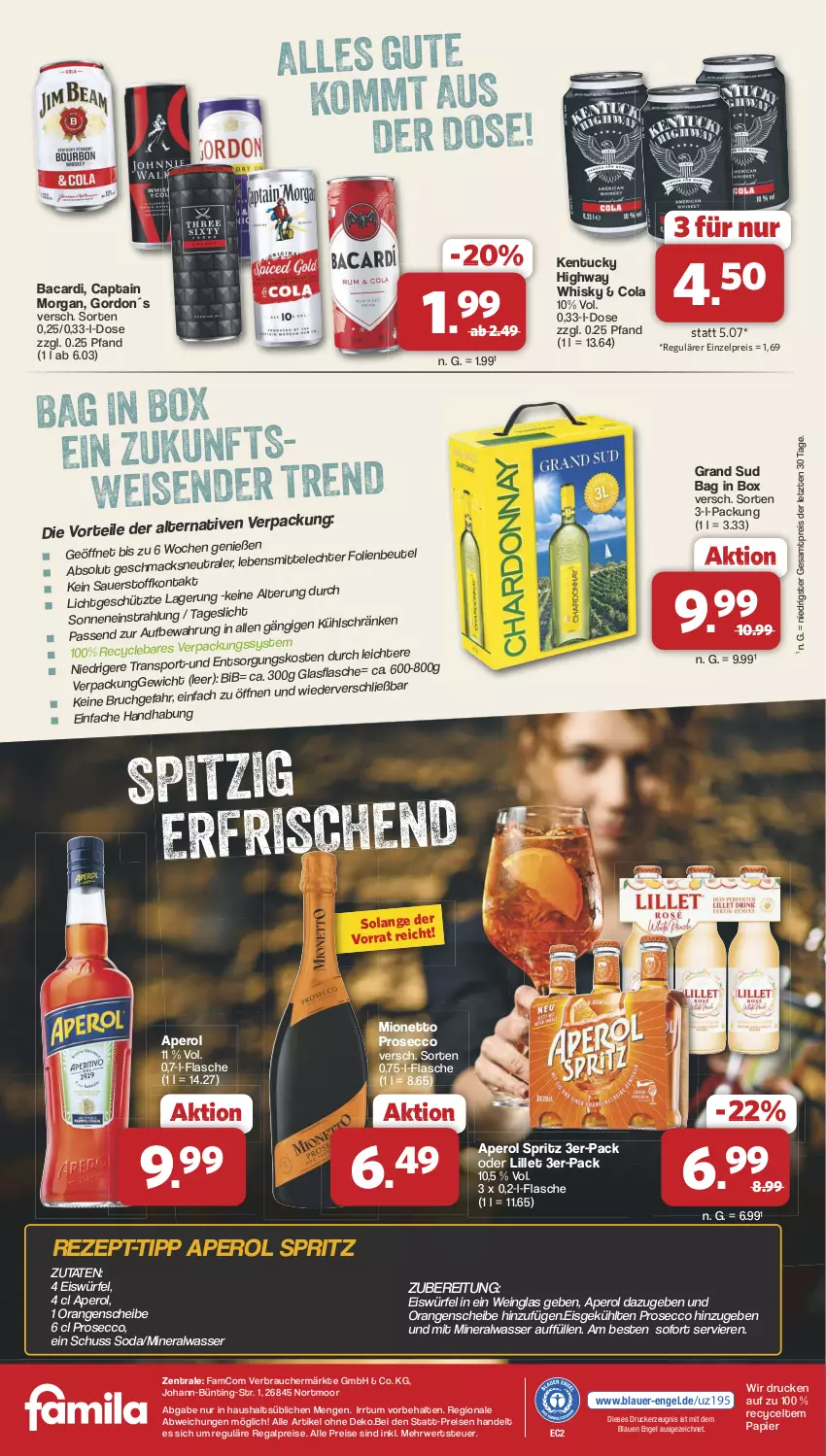 Aktueller Prospekt Famila - Prospekte - von 04.11 bis 16.11.2024 - strona 4 - produkty: Alwa, aperol, auer, bacardi, beutel, Cap, captain morgan, cola, drucker, ecco, eis, eiswürfel, Engel, flasche, gordon, grand sud, kerze, lebensmittel, lillet, mineralwasser, mionetto, orange, orangen, papier, prosecco, Rauch, regal, reis, rezept, rezept-tipp, rwe, Soda, Sport, Ti, tuc, wasser, wein, whisky, würfel, ZTE