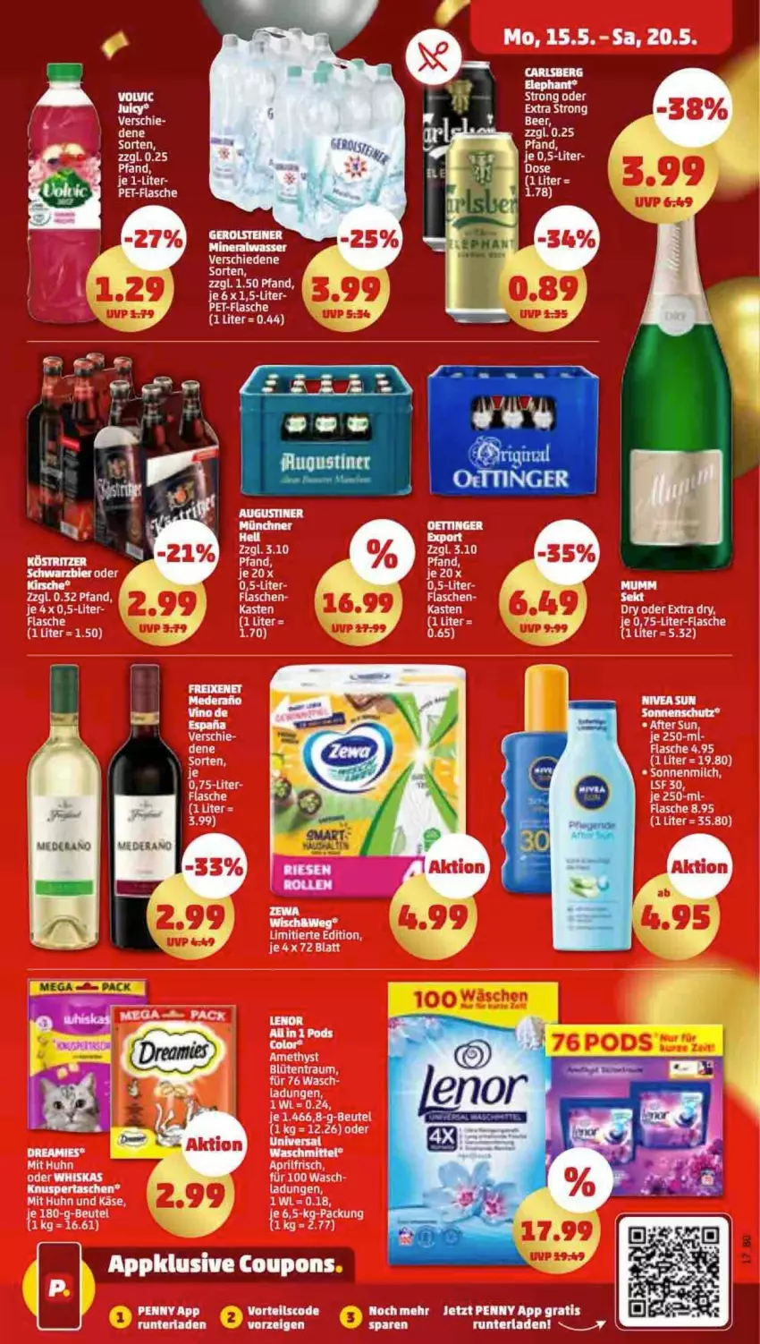 Aktueller Prospekt Penny - Prospekte - von 15.05 bis 20.05.2023 - strona 17 - produkty: Alwa, carlsberg, eier, ente, flasche, mineralwasser, mumm, nivea, nivea sun, oettinger, pril, tee, Ti, waschmittel, wasser