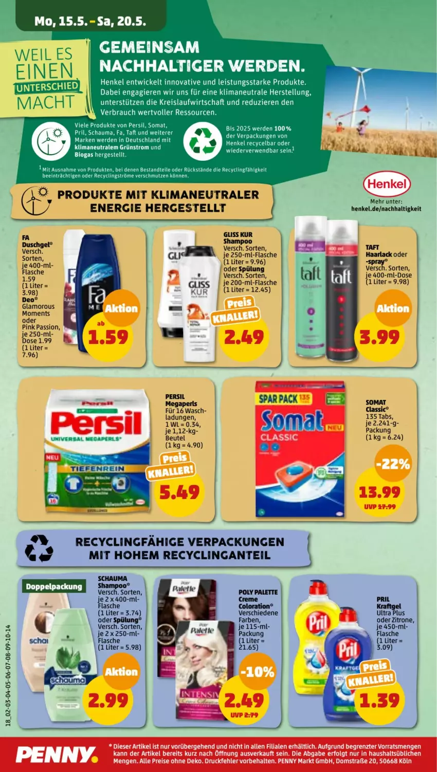 Aktueller Prospekt Penny - Prospekte - von 15.05 bis 20.05.2023 - strona 18 - produkty: arla, beutel, bio, Clin, creme, deo, eis, erde, flasche, gliss, Haarlack, henkel, lack, mac, megaperls, Palette, persil, pril, Rauch, reis, rwe, schauma, schauma shampoo, shampoo, somat, spülung, Taft, Ti, WICK, zitrone